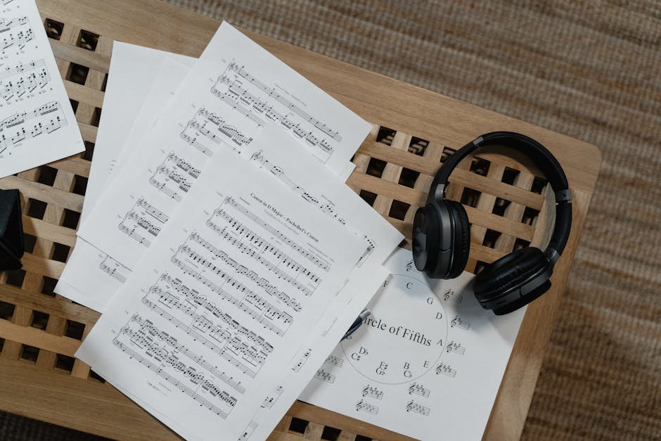 Headphones resting on a stack of music sheets next to an acoustic guitar