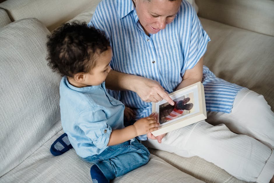Family looking at framed pet photographs together